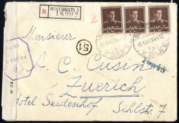 Cover 1944, Rekommandierter Brief Vom 18.8.1944 Von Bukarest Nach Zürich, Frankiert Mit Einem Paar Und Einem Einzelstück - Otros & Sin Clasificación