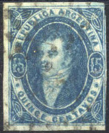 O 1864, Bernardino Rivadavia, 15 C Blau Ungezähnt Gestempelt, Vollrandig, Rückseitig Im Unteren Bereich Leicht Verdünnt, - Andere & Zonder Classificatie