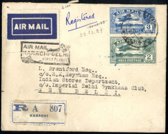 Cover 1929, Rekommandierter Luftpostbrief Vom 28.12.1929 Von Karachi Nach Neu Delhi, Frankiert Mit 2 A. Blaugrün Und 3 A - Autres & Non Classés