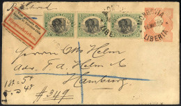 Cover 1895, Eingeschriebene Ganzsache Mit Werteindruck 5 CENTS Gelborange Mit Zusatzfrankatur Dreierstreifen 4 C. Schwar - Liberia