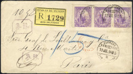 Cover 1894, Eingeschriebener Brief Vom 12.7. Nach Paris (Frankreich), Frankiert Allegorie Dreierstreifen 10 C Violett, M - El Salvador