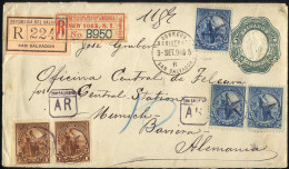 Cover 1894, Eingeschriebener Ganzsachen-Brief 22 C Vom 3.9. Nach München (Deutschland), Zusatzfrankatur Allegorie Paar 1 - Salvador