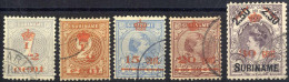 O 1911, Freimarken Mit Rotem Aufdruck Krone Und Neuer Wert, Komplette Serie 5 Werte Gestempelt, Attest Caffaz, Mi. 65-69 - Surinam ... - 1975