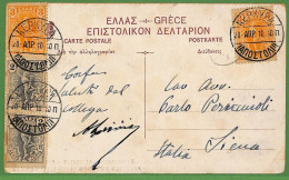 Ad0867 - GREECE - Postal History - 2 Colour Franking On POSTCARD To ITALY 1910 - Cartas & Documentos