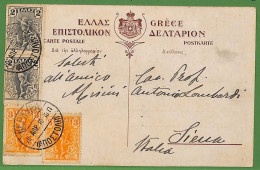 Ad0868 - GREECE - Postal History - 2 Colour Franking On POSTCARD To ITALY 1910 - Cartas & Documentos