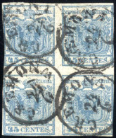 O 1850, Quartina Del 45 Cent Azzurro Ardesia II° Tipo In Cui I Due Esemplari A Sinistra Hanno Parti Di Lettere Della Fil - Lombardo-Veneto