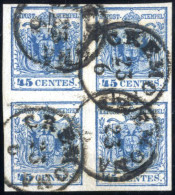 O 1850, Quartina Del 45 Cent Azzurro III° Tipo, Annullato "CREMONA 26/6" (bollo C1), Certificato Colla, Sass. 12 - Lombardo-Veneto