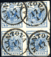 O 1850, Quartina Del 45 Cent Azzurro III° Tipo, Annullato "MANTOVA 17/1" (bollo C1), Certificato E.Diena, Sass. 12 - Lombardo-Veneto