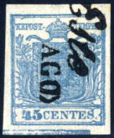 O 1850, 45 Cent. Azzurro, Carta A Coste Verticali, I Tipo, Grande Spazio Tipografico In Basso, Ben Marginato, Annullato  - Lombardo-Veneto