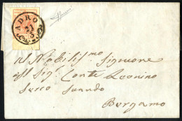 Cover 1850, 15 Cent. Carta A Macchina Con 8mm Bordo Di Foglio Su Lettera Spedita Da "ADRO 21/3" (annullo CO) A Bergamo,  - Lombardo-Veneto