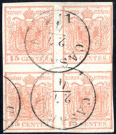 O 1850, Quartina Del 15 Cent Rosso Vermiglio Chiaro, Annullato "CASARSA 27/4" (bollo C1), Certificato Emilio Diena E Sor - Lombardo-Venetien