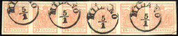 O 1850, Striscia Orizzontale Di Sei Del 15 Cent Rosa Vermiglio III° Tipo Annullato "MILANO 5/1 (bollo C1), Certificato O - Lombardo-Venetien