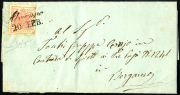 Cover 1854, 15 Cent Su Lettera Spedita Da "ALMENNO 20 FEB" (annullo Cor) A Bergamo, Firmata Sorani, Sass. 20 / P.8 - Lombardo-Veneto