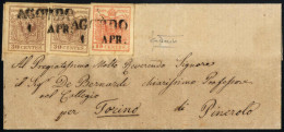 Cover 1857, Lettera Affrancata Con 15 Cent E Due 30 Cent Da "AGORDO 1 APR" (annullo SD) A Pinerolo / Regno Di Sardegna,  - Lombardo-Veneto