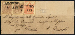 Cover 1857, Lettera Affrancata Con 15 Cent E Due 30 Cent Da "AGORDO 1 APR" (annullo SD) A Pinerolo / Regno Di Sardegna,  - Lombardy-Venetia