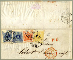 Piece 1850, Grande Frammento Di Lettera Affrancato Con 5 Cent Giallo Arancio Chiaro, 15 Cent Rosso Vermiglio III° Tipo E - Lombardo-Veneto