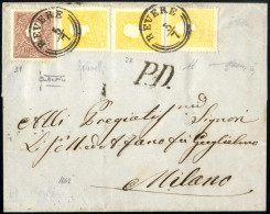 Cover 1859, Tre 2 Soldi Ed Un 10 Soldi II° Tipo Su Lettera Spedita Da "REVERE 5/7" (annullo CO) A Milano, Certificato So - Lombardy-Venetia