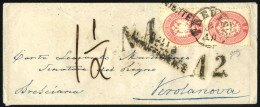 Cover 1863, Lettera Affrancata Con Due 5 Soldi Spedita Da Treviso 18/10 A Verolanova Con I Bolli Accessori "BOLLO INSUFF - Lombardo-Vénétie