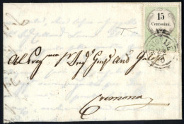 Cover 1854, 15 Cent Marca Da Bollo, Stampa Calcografica, Su Lettera Spedita Da "ANTIGNATE 24/5" (annullo C3) A Cremona,  - Lombardo-Veneto