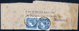 Cover 1851, Intera Fascetta Con Coppia Mercurio Azzurro II° Tipo Da "MANTOVA 28/1", Certificato E.Diena E Oliva, Sass. 2 - Lombardije-Venetië