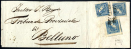 Cover 1851, Intera Fascetta Con Tre Valori Del Mercurio Azzurro III° Tipo Da "BELLUNO 22 GEN", Certificato Sottoriva, Sa - Lombardy-Venetia