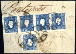 Piece 1859, Frammento Di Involucro Affrancato Con Striscia Di Quattro E Singolo Del 1,05 Soldi Azzurro Spedito Da "MILAN - Lombardy-Venetia