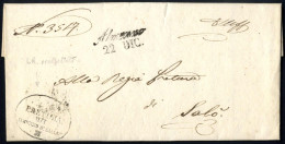 Piece/cover ALMENNO 22 DIC (1859), (annullo Cor), Su Franchigia E Frammento Con 5 Soldi I°tipo, Certificato Sorani, Sass - Lombardije-Venetië