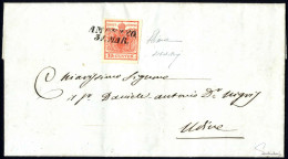 Cover AMPEZZO 31 MAR (annullo SI) 1851, Lettera Affrancata Con 15 Cent I° Tipo Spedita A Udine, Al Verso Annullo Di Tran - Lombardo-Veneto