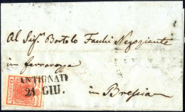 Cover Antignate, SD Punti 11, Lettera Del 21.6.1851 Per Brescia Affrancata Con 15 C. Rosso Carta A Mano, Cert. Enzo Dien - Lombardo-Veneto