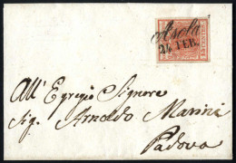 Cover ASOLA 24 FEB (annullo Cor) Su 15 Cent I° Tipo, Lettera Spedita A Padova, Sass. 3 / P.7 - Lombardo-Venetien