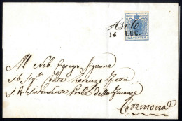 Cover ASOLO 14 LUG, (annullo Cor), Su 45 Cent. I° Tipo Su Lettera A Cremona, Sass. 10 / P.5 - Lombardo-Veneto