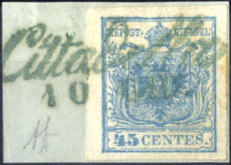 Piece Cittadella, Cor. Azzurro Punti R1, Frammento Del 10.6.1850 Decimo Giorno D'uso Affrancato Con 45 C. Azzurro I Tipo - Lombardo-Vénétie