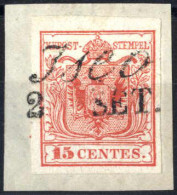 Piece ISEO 28/7 (annullo Cor I Piccola) Su Frammento Con 15 Cent I° Tipo Prima Tiratura, Certificato E.Diena, Sass. 3a / - Lombardo-Vénétie