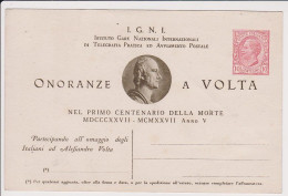 Italia 1926 1927 Intero Postale Commemorativo Onoranze A Volta Nuovo LEGGI - Entero Postal