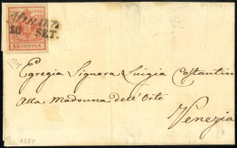 Cover Mirano, SI Lg. Azzurro Nerastro Punti 12, Lettera Del 16.9.1850 Per Venezia Affrancata Con 15 C. Rosso I° Tipo Pri - Lombardo-Vénétie
