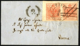 Cover PAVIA 3/4 + Tratti A Penna (annullo 2CO) Su Coppia 15 Cent, Lettera Spedita A Verona, Sass. 20 / P.8 - Lombardo-Venetien