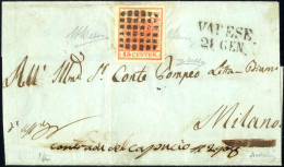 Cover Varese, M, SD Punti R2, Lettera Del 24.1 Per Milano Affrancata Con 15 C. Rosso I Tipo Carta A Mano, Firmata Emilio - Lombardo-Vénétie