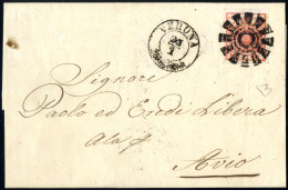 Cover Verona, M, 2CO Punti 11, Lettera Del 23.1.1851 Per Avio Affrancata Con 15 C. Rosso I Tipo Carta A Mano, Cert. Enzo - Lombardy-Venetia