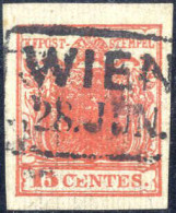 O 1850, 15 Cent Rosso Vermiglio Intenso I° Tipo Con Decalco, Carta Costolata, Annullato "WIEN 28. Juni", Raro Uso Di Fra - Lombardo-Veneto