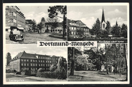 AK Dortmund-Mengede, Overbergschule, Markt, Volksgarten  - Dortmund