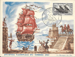 Carte Maximum Journée Du Timbre 1957  , N°1093 Yt, Le Messager Des îles, Voilier, 16/3/1957 Paris - 1950-1959