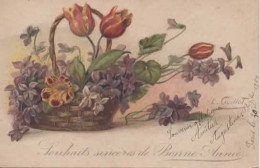 FANTAISIE, NOUVEL AN, CARTE PAILLETTEE, PANIER DE FLEURS COULEUR  REF 16067 - Nieuwjaar