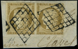 Fragment N° 1, 10c Bistre Paire Hor. Obl. Grille Sur Fragment, T.B. Signé Diéna - Sonstige & Ohne Zuordnung