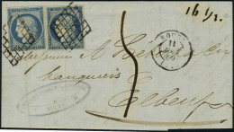 Lettre N° 4, 25c Bleu Cérès X 2ex Sur L De Rouen 11 Août 50 Pour Elbeuf, Taxe Manuscrite Pour Affranchissement Insuffisa - Autres & Non Classés