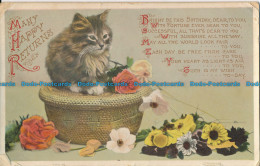 R029599 Greetings. Many Happy Returns. Kitten And Flowers. Wildt And Kray. 1911 - World