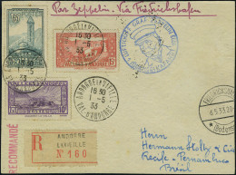 Lettre Zeppelin 1 SAF 1933, CP Illustrée Recomm. Càd Andorre La Vieille 1.5.33, Cachet Bleu Du Vol, Càd De Transit Fried - Sonstige & Ohne Zuordnung