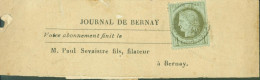 YT N°50 Type Cérès Dentelé IIIe République 1 C Vert Olive Seul Sur Bande Journal De Bernay Rare CAD Sur Timbre Bernay - 1871-1875 Cérès