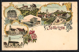Lithographie Illertissen, Rathaus, Kirchen, Bahnhof, Schloss Illertissen  - Illertissen