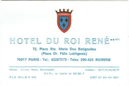 Carte Visite. 75. Paris. Hôtel Du Roi RENE, Place  Ste Marie Des Batignolles. - Cartes De Visite