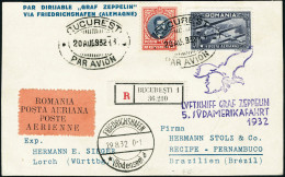 Lettre Zeppelin 5 SAF 1932. CP Non Illustrée Recommandée De Bucuresti (20 Aug 932). Pour Recife-Pernambuco, CàD De Trans - Other & Unclassified